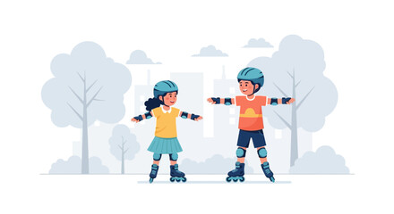 Fototapeta premium Happy Children Learning To Roller Skate Safely In The Park Together