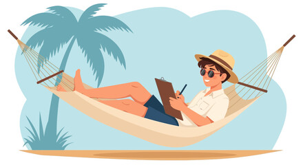 Obraz premium Man Enjoying Tropical Vacation While Writing in a Hammock Under Palm Tree