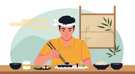Fototapeta premium Man Enjoys Japanese Cuisine With Sushi Rolls at Restaurant Setting Concept
