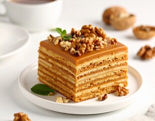 Trozo de pastel de m&uacute;ltiples capas finas de hojaldre rellenas con caramelo espeso tipo dulce de leche, cubierto con nueces trozadas