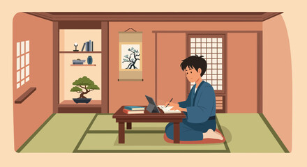 Fototapeta premium Man Writing And Studying At Home In A Traditional Japanese Room
