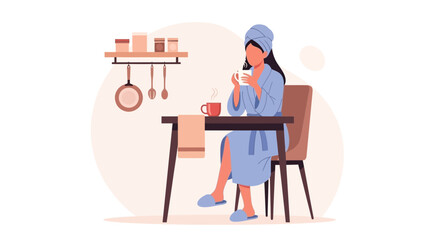Morning Serenity Woman Enjoying Coffee After Shower In Relaxing Kitchen
