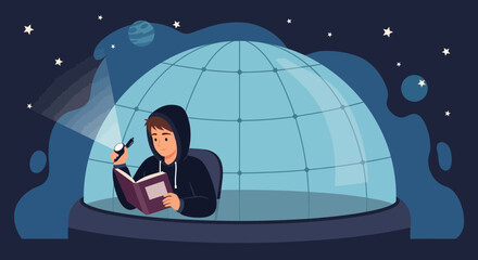 Night Study At Planetarium A Young Man Reads A Book With Flashlight