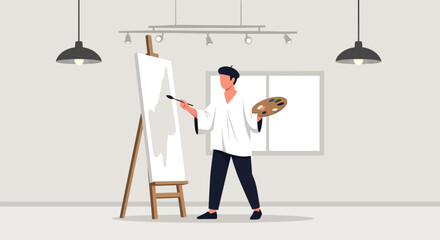 Fototapeta premium Illustration Of An Artist Painting In A Bright Well Decorated Studio
