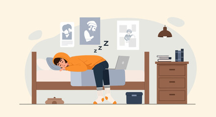 Illustration Of Student Exhaustion Young Female Asleep On Bed With Laptop