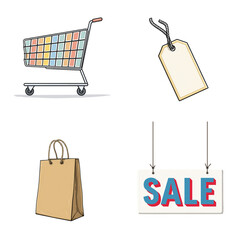 set of shopping symbols featuring a cart, tag, bag, and sale sign for a retail experience