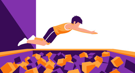 Person Leaping Into Foam Pit at Trampoline Park Playground