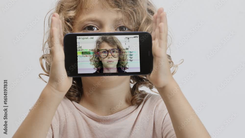 Poster small girl holding smartphone in front of face with code and data