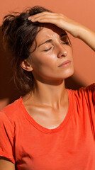 Young woman in a coral t-shirt holds her forehead in pain from a migraine. Brown hair in a messy bun, emotional expression, orange background.
