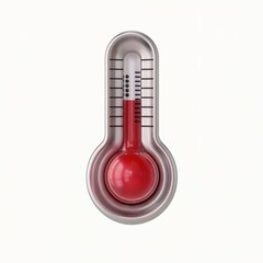 Red liquid thermometer with silver casing on white background