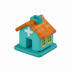 Turquoise toy house with orange roof and white cross 1