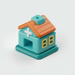 Turquoise toy house with orange roof and white cross 3