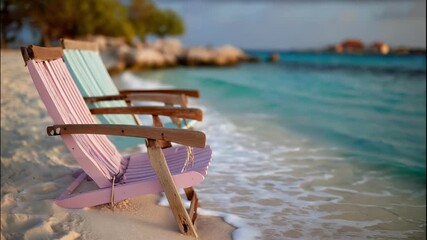 Two colorful Adirondack chairs on a sandy beach with turquoise ocean waves. A tranquil scenery of relaxation and coastal beauty. Peaceful retreat, idyllic destination, beach vacation. - Powered by Adobe