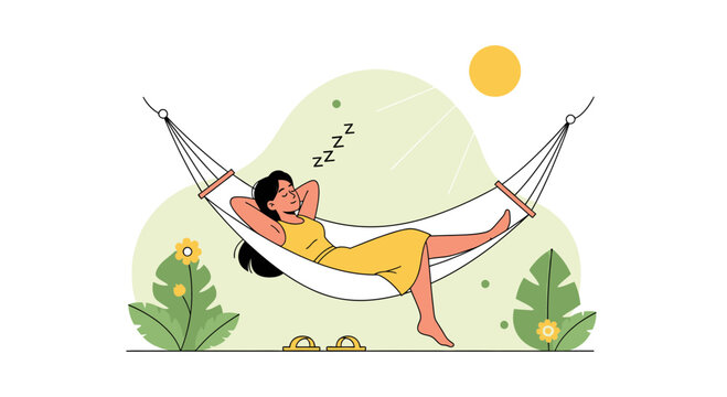 Relaxing Afternoon Nap Young Woman Resting in Hammock Outdoor Illustration
