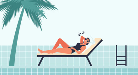 Relaxing Summer Vacation At Poolside With Palm Tree And Modern Flat Design