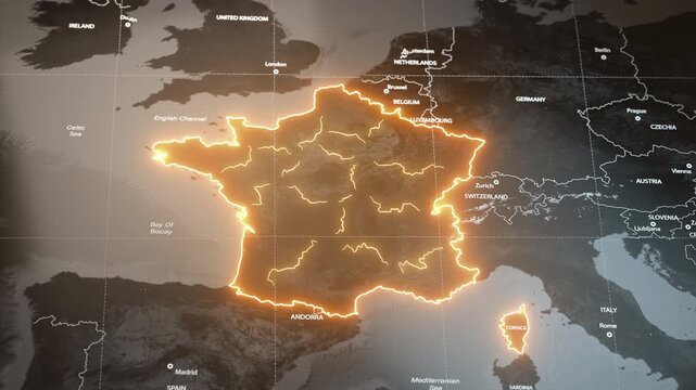 Map of France with country regions outlines.