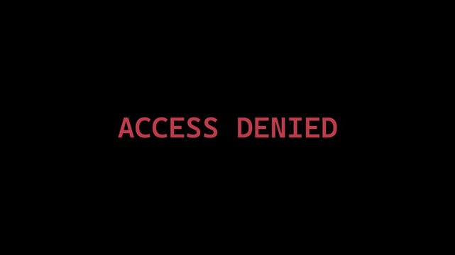 Video animation access denied text red rubber stamp attention icon animation hacked privacy data being hacked. Cybersecurity interface activation signal emergency security symbol on black background .