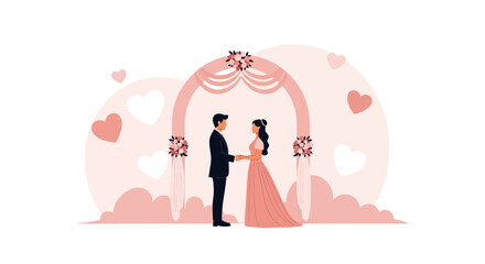 Romantic Wedding Ceremony Illustration With Bride And Groom Holding Hands Vector
