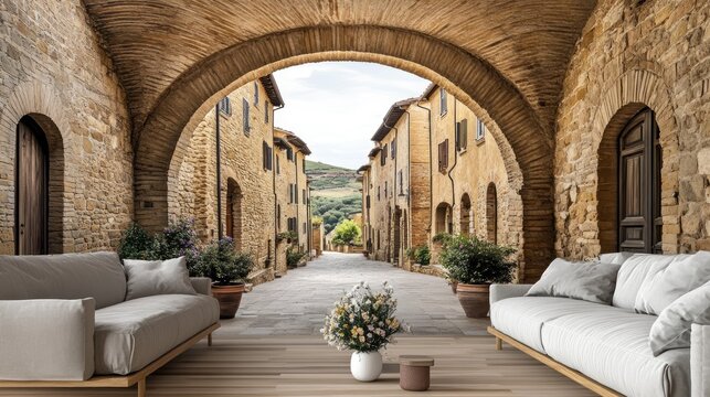 Fototapeta Archway view of charming, old stone street, sofas and flowers