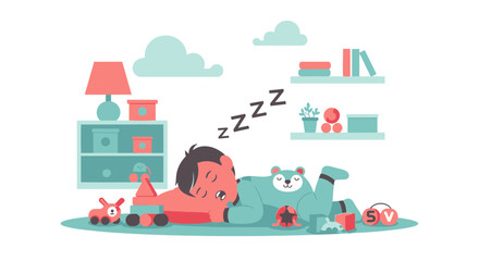 Naklejka premium Sleeping Child With Toys And Teddy Bear In Nursery Room Illustration