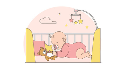 Sleeping Infant In A Crib With Mobile Toy Surrounded By Stars And Clouds