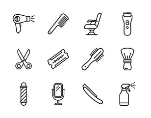barber tools icon set including scissors, comb, hairdryer, razor blade, clippers, brushes, and styling essentials in clean line art style