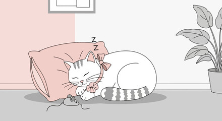 Sleeping Kitten Dreams Whimsical And Serene Bedroom Illustration On Pink Pillow