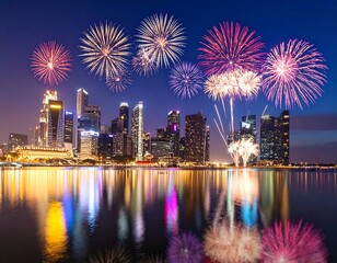 Fireworks over a city skyline at night