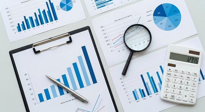 Business charts graphs analysis with calculator and magnifying glass - Powered by Adobe