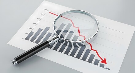 Magnifying glass on declining graph business concept