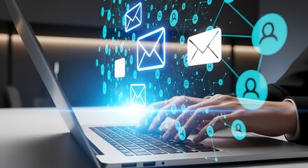 Email marketing concept laptop user sending messages online