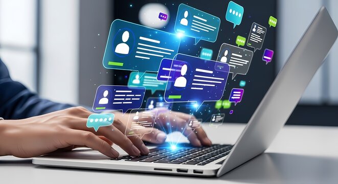 Laptop user with social media speech bubbles illustration