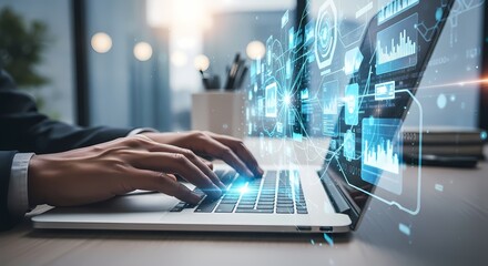 Businessman using laptop with data visualization digital illustration