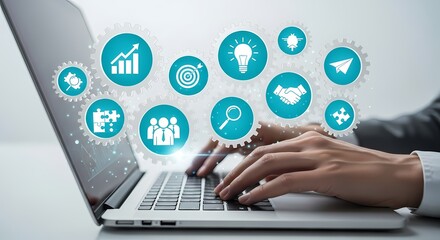 Fototapeta premium Business Technology Concept Laptop Gears Icons Digital Illustration