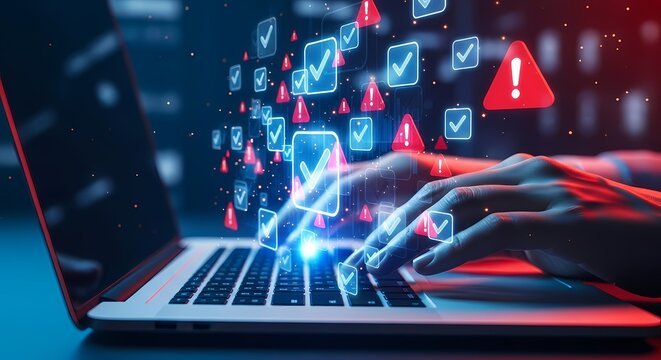 Laptop with checkmarks and exclamation points digital illustration