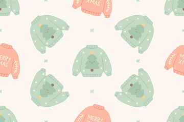 Kawaii Christmas Seamless Pattern. Ugly Sweater with xmas tree, vector illustration