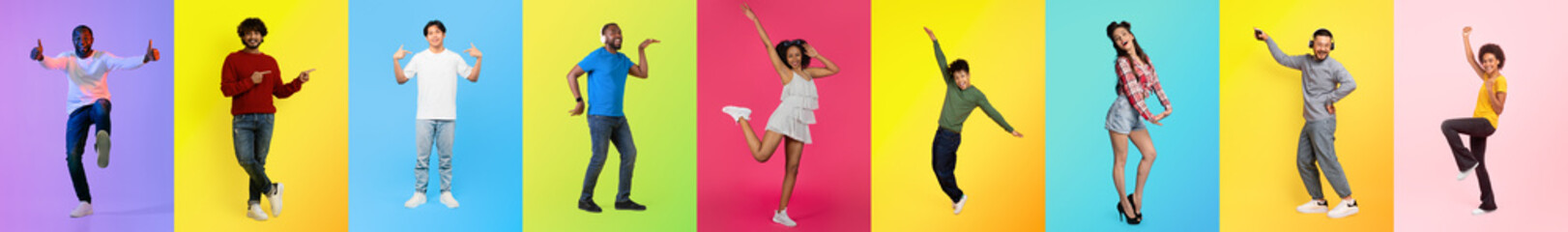 A lively collection showcases diverse people of various backgrounds expressing happiness through...