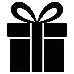 Simple black outline icon of a gift box with a ribbon and bow representing presents and celebrations