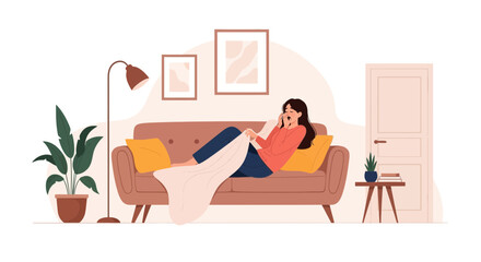 Sleepy Woman Lies On A Sofa And Yawns Under Blanket In Living Room