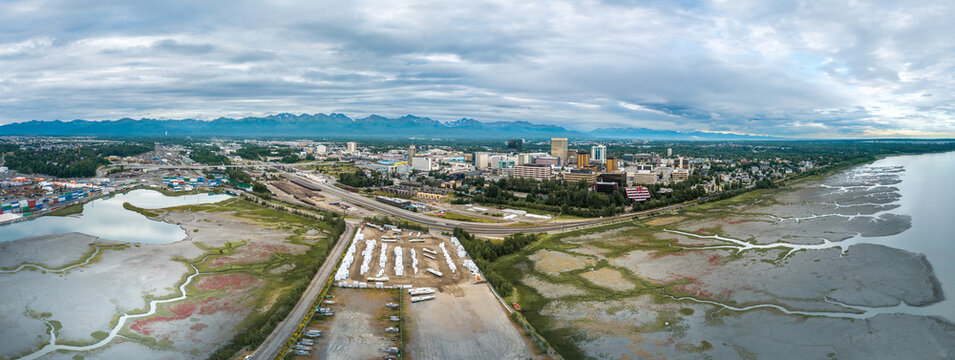 Panoramic View of Anchorage, Alaska, USA at low tide.  July 11, 2025. 