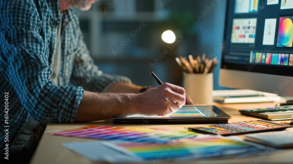 Poster side view of a creative professional exploring innovative design ideas on a digital tablet while ref