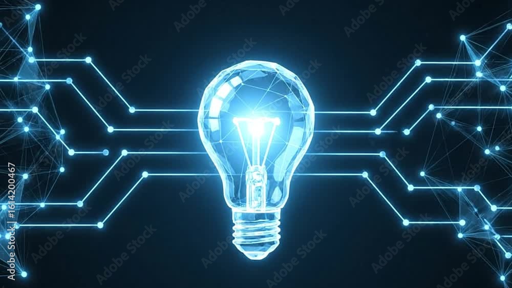 Poster a glowing faceted lightbulb sits amidst interconnected lines and dots on a dark background