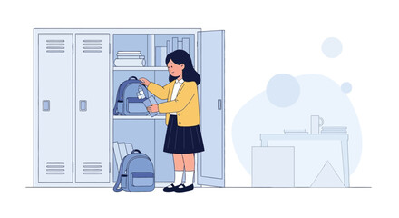 Student Arranging Her Belongings Inside School Locker Preparing for Class