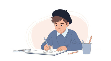 Young Artist Concentrating On His Sketch In His Notebook At Home