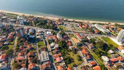 Aerial view of beachfront residential neighborhood in Penha, Santa Catarina, Brazil.