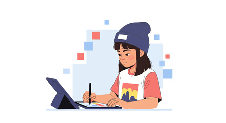 Young Artist Creating Digital Art With Tablet And Stylus In Modern Style