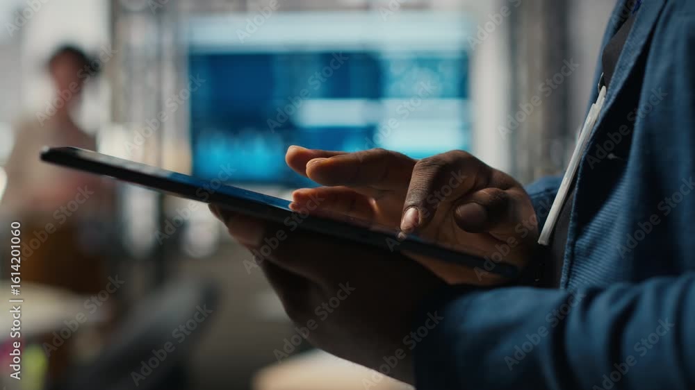 Aufkleber close up of man reviews performance metrics insights on tablet, driving business strategy and innova