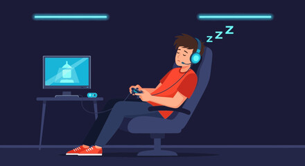 Tired Gamer Napping In Chair With Headset In The Room With A Computer