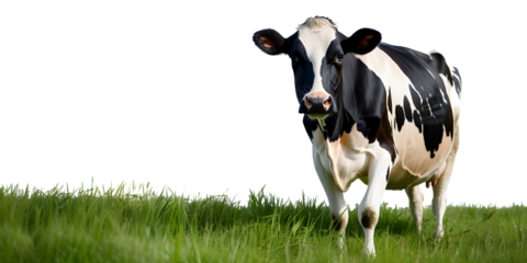 Black and white Holstein cow standing in lush green grass, looking directly at the viewer.