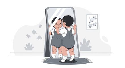Toddler Discovering Reflection In Standing Mirror At Home Interior